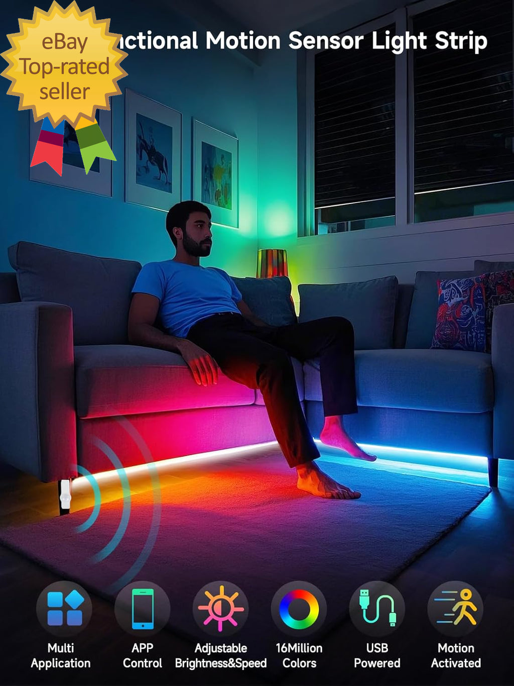 Motion Activated LED Light Strip 16.4FT Motion Sensor LED Light Indoor